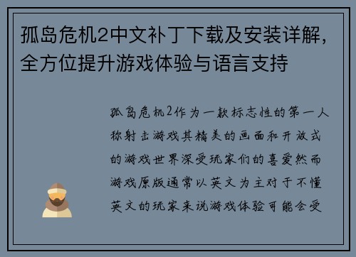 孤岛危机2中文补丁下载及安装详解，全方位提升游戏体验与语言支持