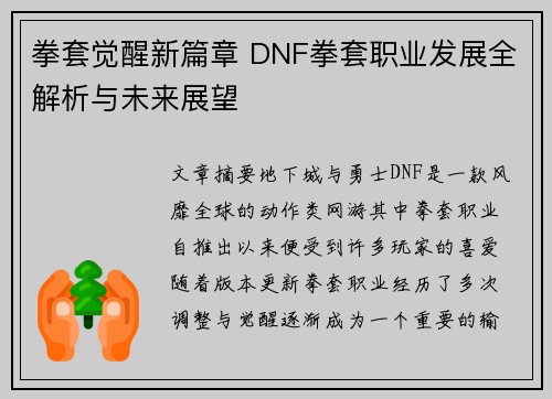 拳套觉醒新篇章 DNF拳套职业发展全解析与未来展望
